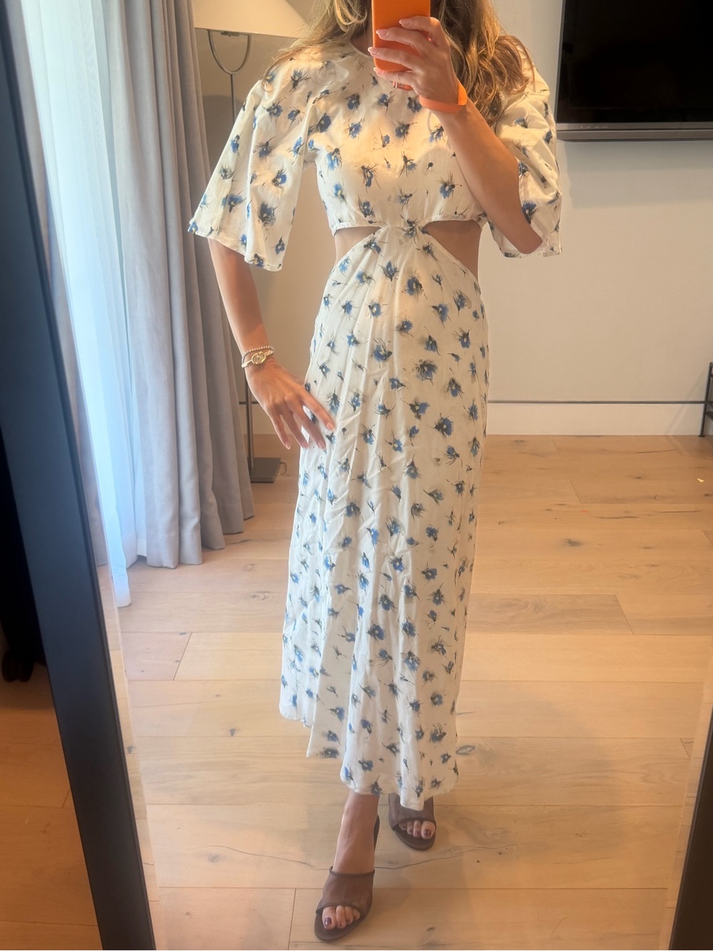 Ivory Maxi Skirt with Blue Floral Print and Cutout Detail
